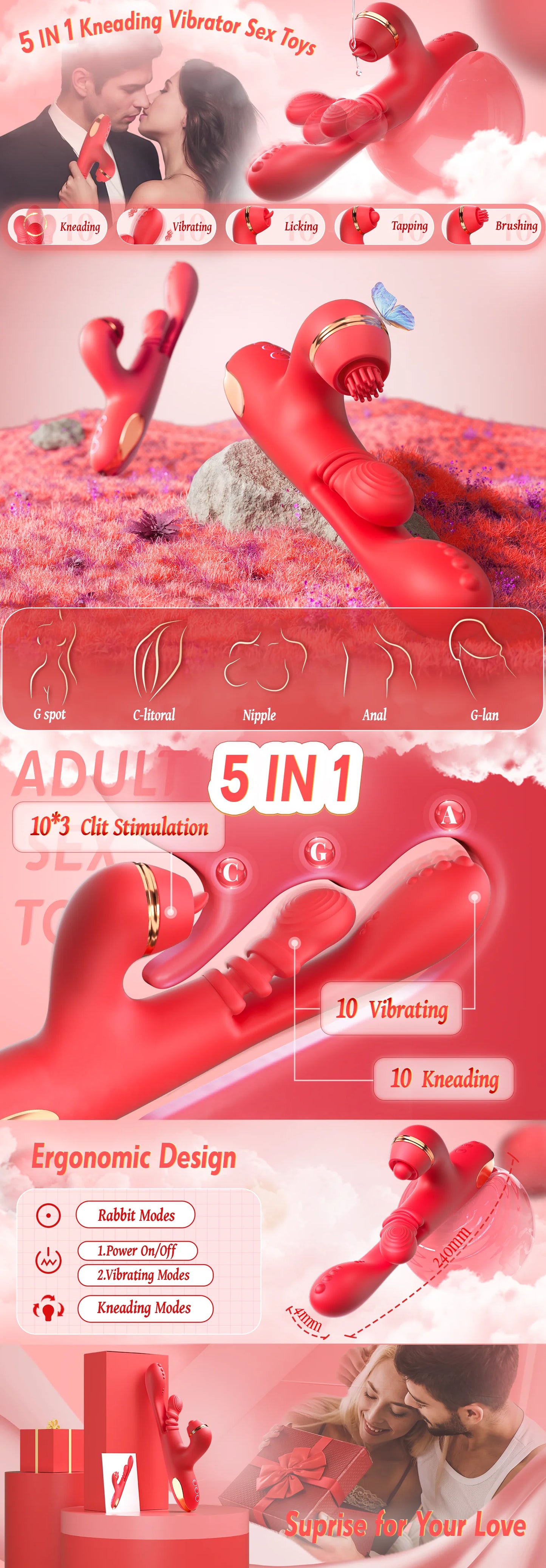 5 IN 1 Tapping Thrusting Dildo Vibrator G Spot Vibrator Kneading Clit Stimulator