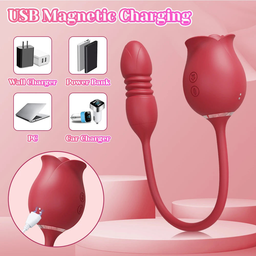 3-in-1 Rose Vibrator – Clit Suction, Licking Tongue & G Spot Dildo Toy for Women