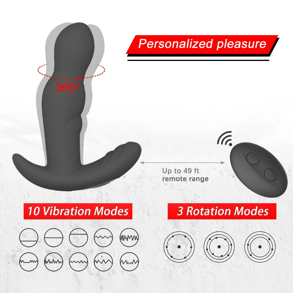 3-Speed Rotating 10-Vibration Prostate Massager Remote Anal Plug G-Spot Butt Plug Toy