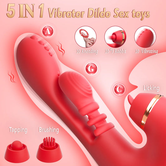 5 IN 1 Tapping Thrusting Dildo Vibrator G Spot Vibrator Kneading Clit Stimulator