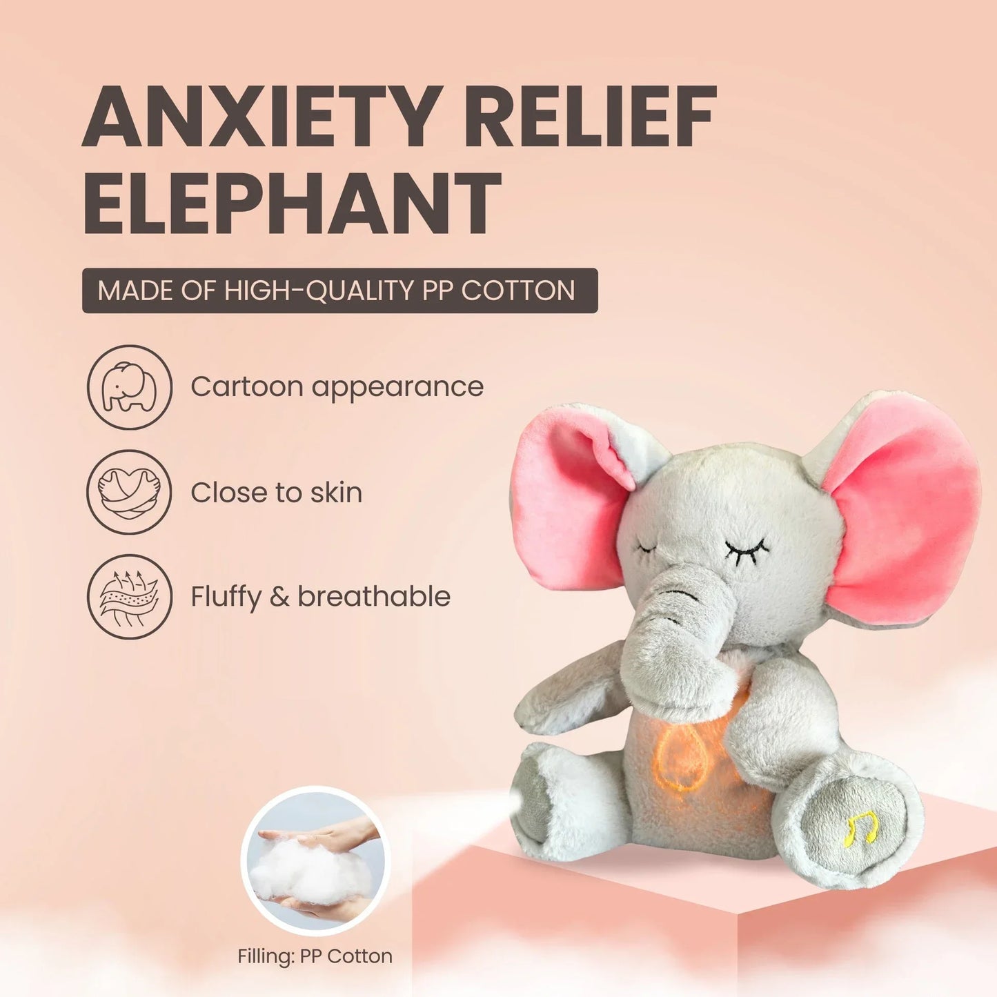 Breathing Elephant Plush Toy Baby Sleep Soother Music Light Sensory Gift